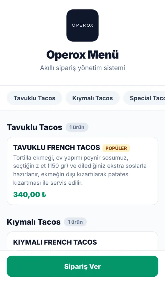 Operox dijital menü, telefon görünümü