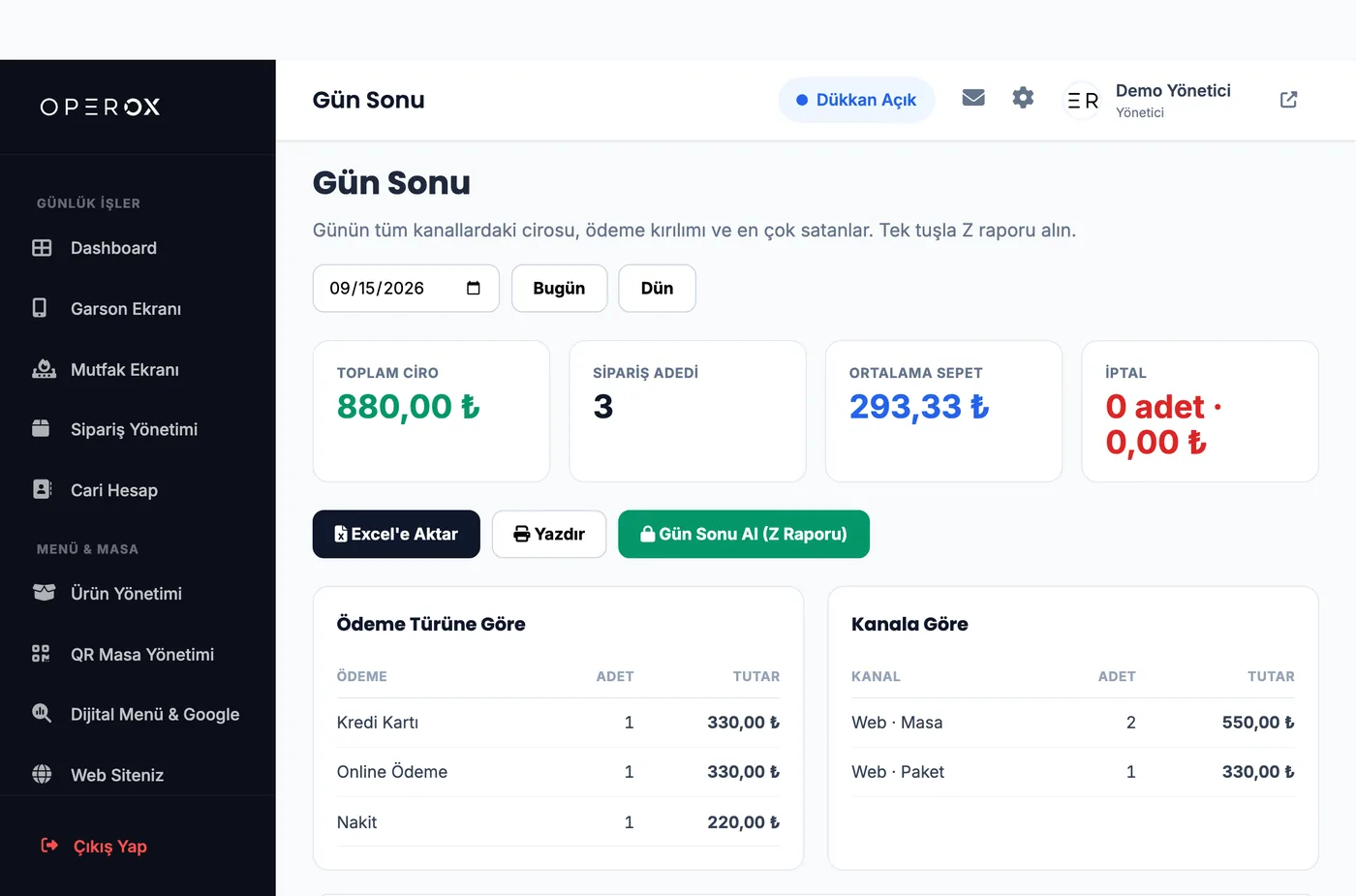 Operox gün sonu ve Z raporu ekranı