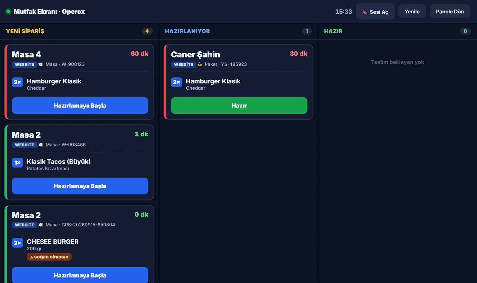 Operox mutfak ekranı: yeni, hazırlanıyor ve hazır siparişler